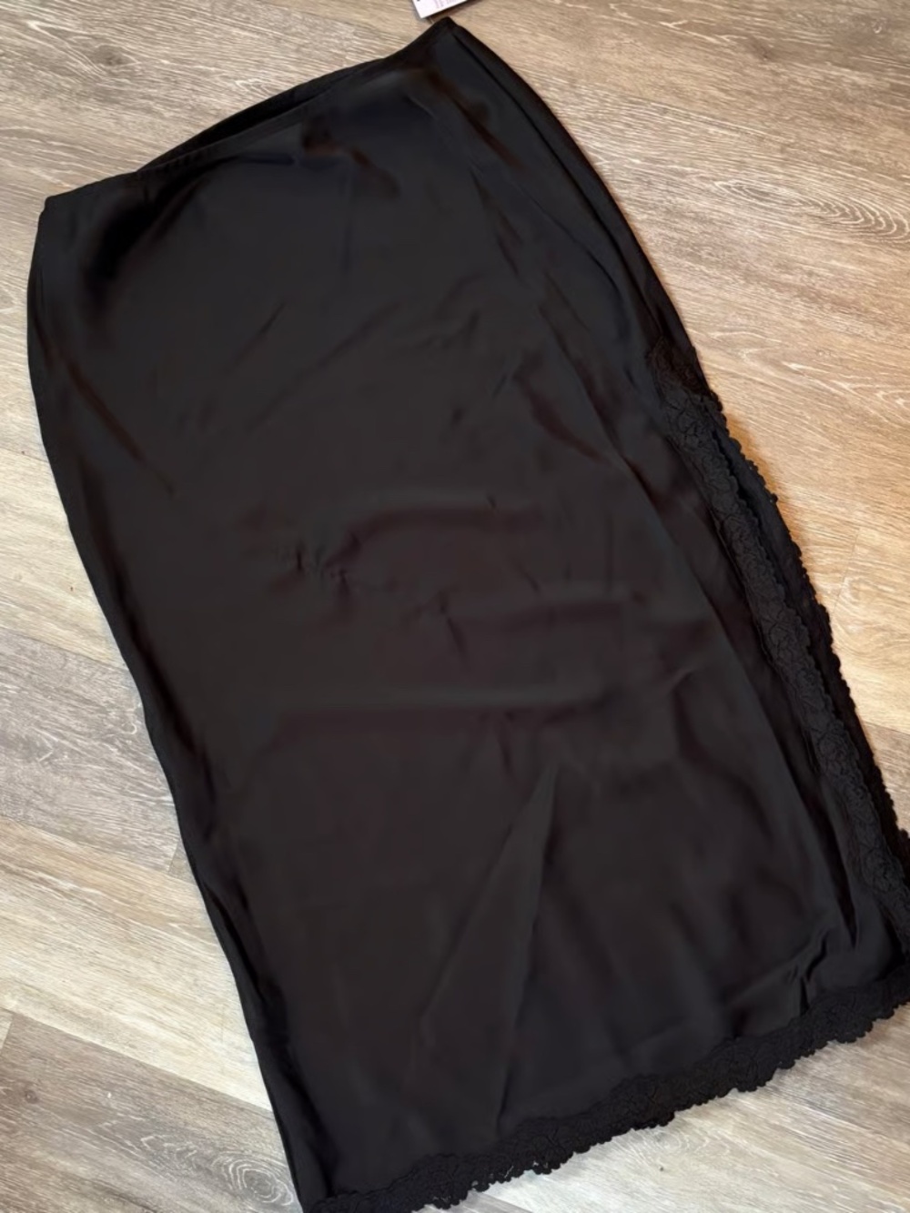 Black Wild Fable Satin Midi Skirt With Lace Slit NWT
